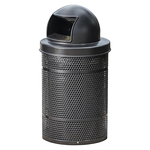 55 Gallon Perforated Recycle Container with Plastic Dome Lid, Steel Outdoor Heavy-Duty Commercial Trash Can, Black Round Waste Bin, Durable Garbage Can for Municipalities, Schools, Parks, Parking