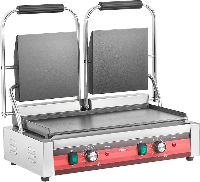 EGGKITPO Commercial Dual Panini Press with 2 Flat Plates Electric Panini Grill with Temperature Control and Handle 19.5" ×9.4" Large Cast Iron Sandwich Maker for Kitchen Business 110V 3400W