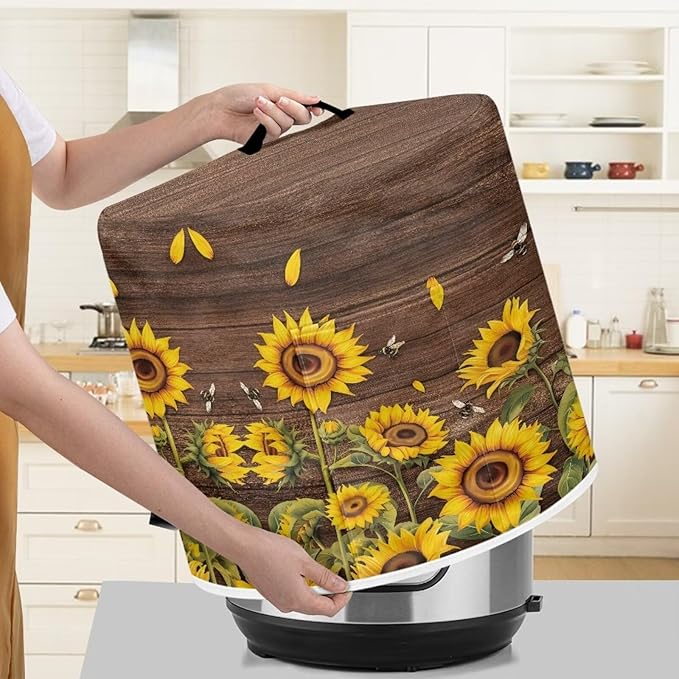 Pressure Cooker Cover Dust-Proof Kitchen Appliance Cover Air Fryer Cover for 3 Quart Instant Pot, with Handle and Pockets Keep Kitchen Appliance Clean Home Decor, Sunflower Bee Wood Grain
