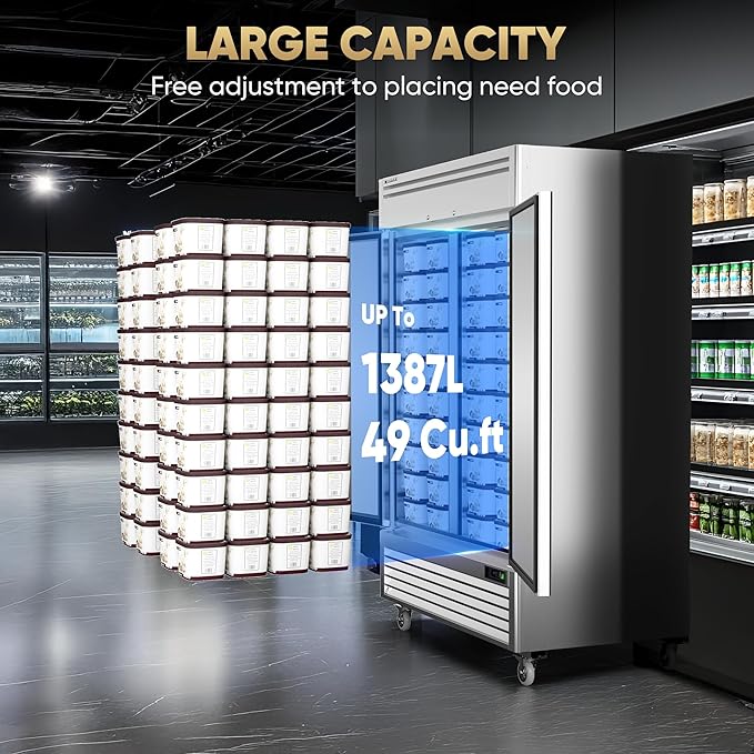 Coolski 54"W Commercial Freezer, -13℉ ~-5℉, 49 Cu.Ft 2 Door Reach-In Stainless Steel Upright Freezer for Restaurant, Cafe, Shop, Business, 8 Adjustable Shelves
