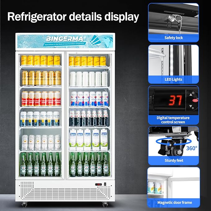 Commercial Merchandiser Display Refrigerator with 2 Glass Doors 30 Cu.ft Beverage Back Bar Cooler Black Drink Fridge for Convenience Stores, Supermarkets,Bars,Offices White