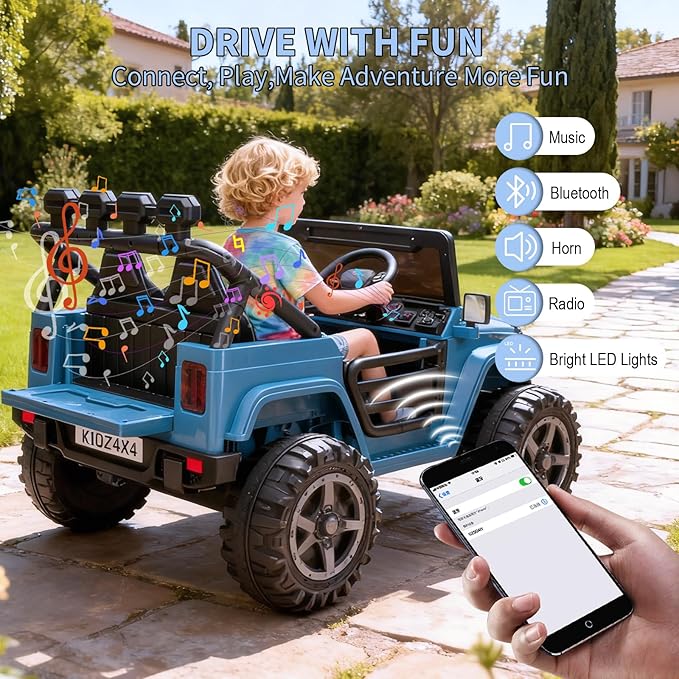 2 Seater Ride on Car Toy for Kids, 24V 4x4 Ride-on Truck, w/Parent Control, Soft Start, 3 Speed, 4-Wheeler Suspension, Bluetooth, LED Lights, Electric Car for Kids Toddler Ages 3-8, Lake Blue