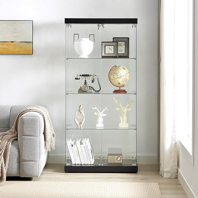 Yoluckea 4 Shelves Glass Display Cabinet with Light and 2 Doors, Floor Standing Clear Glass Curio Cabinet Collection Display for Living Room Bedroom 66.3” x 31.5” x 14.2” Black