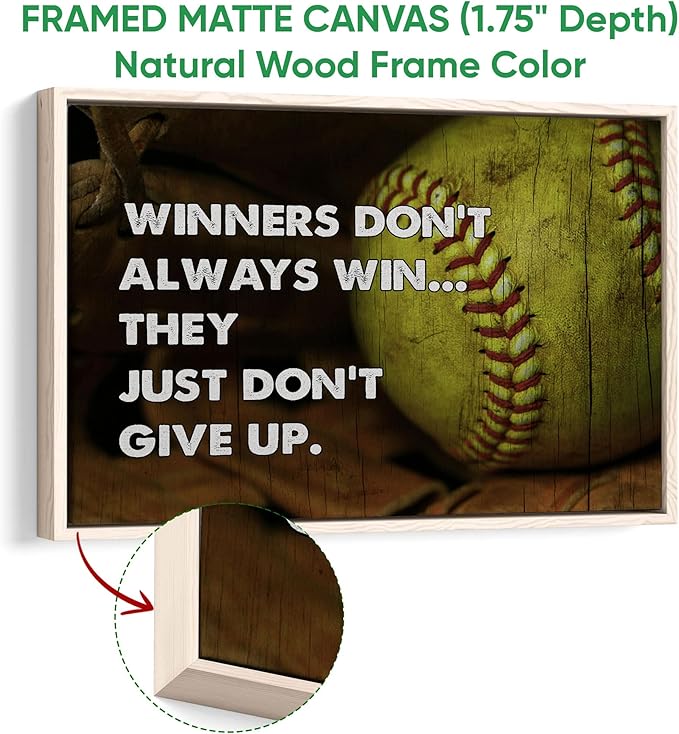 Softball Poster & Framed Canvas, Inspirational Sports - Never Give Up - Motivational Quotes Home Office Decor, Bedroom Living Room Aesthetic Wall Art Gift For Daughter, Girl