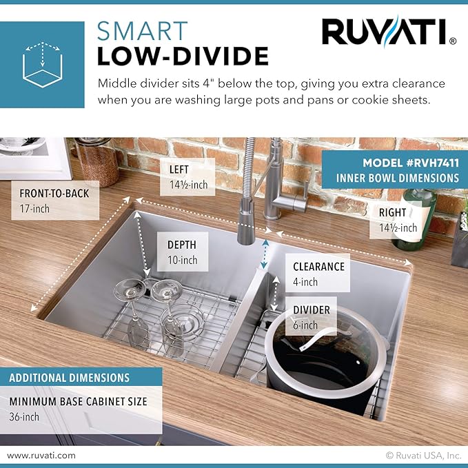 Ruvati 32-inch Low-Divide Undermount Tight Radius 50/50 Double Bowl 16 Gauge Stainless Steel Kitchen Sink - RVH7411