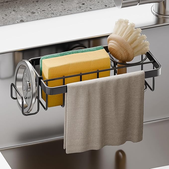 TAILI Sponge Holder with Strong Suction Cup, 4-in-1 Rustproof Sink Organizer - Sink Caddy Holds Sponges, Brushes, Stoppers & Scrapers - Black