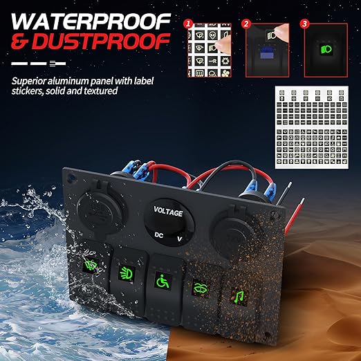 Waterproof Marine Switch Panel, 5 Gang Rocker Switch Panel 12V/24V Aluminum for Boat, 4.8A Dual USB Port, Cigarette Lighter Socket, LED Voltmeter, Pre-Wired 12 Volt Switch Panel for RV, Truck, Yacht