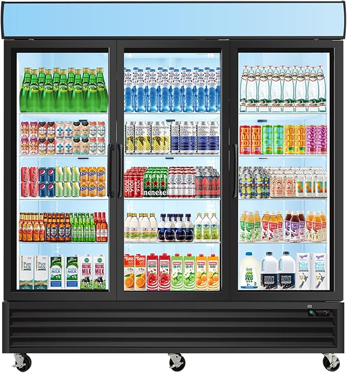 mikibama Glass Door Commercial Refrigerators, 70 Cu.ft Reach-In Display Refrigerator with LED Top Panel Upright Beverage Storage (Refrigerator-3 door)