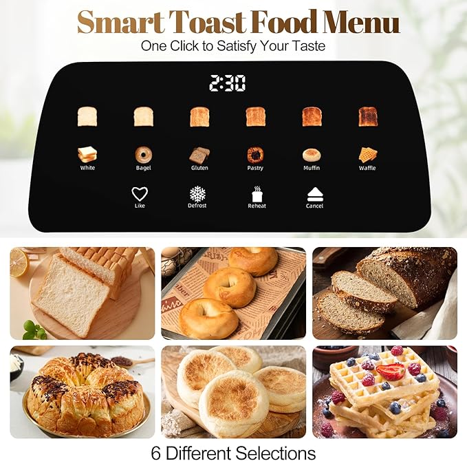 4 Slice Toaster with Touch Screen Control, 1.5" Wide Long Slots, 6 Browning Levels & 6 Bread Types, Digital Timer, Memory, Defrost, Reheat (BLACK)
