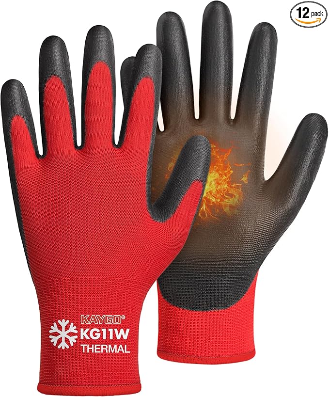KAYGO Winter Work Gloves for Men and Women, 12 Pairs Thermal Insulated Safety Work Gloves PU Coated, Smooth Grip on Palm & Fingers,Ideal for Freezer Work,Red,L
