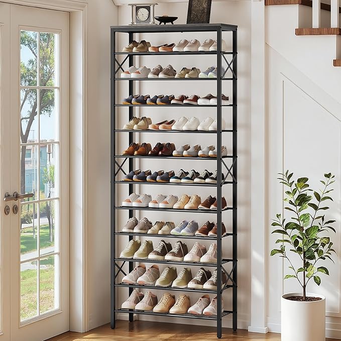 12 Tier Shoe Rack, Large Capacity Shoe Storage Organizer Holds 48 Pairs, Sturdy and Stable, for Entryway, Hallway, Closet, Dorm Room, Charcoal and Black SS12BC