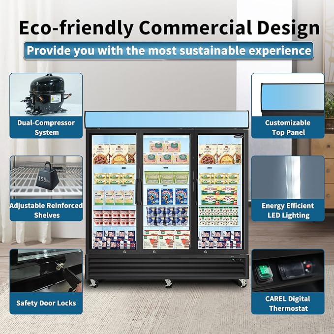 mikibama Glass Door Merchandiser Freezer, 70 Cu.ft Swing Door Commercial Reach-In Display Refrigerator with LED Top Panel Upright Freeze Storage, Three Cabinets, Black