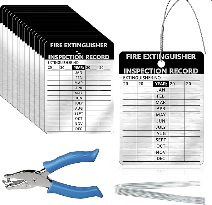 50 Pcs Waterproof Fire Extinguisher Inspection Tags 2.3 x 3 Inch Metal Aluminum with Wires and Handheld Hole Puncher Durable Metal Fire Tags for Monthly Fire Safety Check Indoor Outdoor Writeable(50)