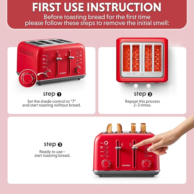 BUYDEEM DT640 4-Slice Toaster, Extra Wide Slots, Retro Stainless Steel with High Lift Lever, Bagel and Muffin Function, Removal Crumb Tray, 7-Shade Settings,Red