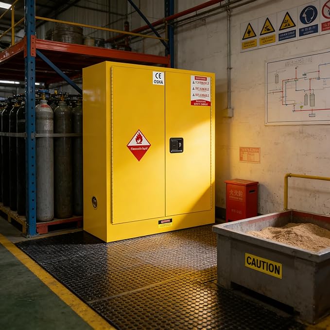 53"H x 47"D x 21"W Galvanized Steel Flammable Safety Cabinet, Cold-Rolled Steel Flammable Liquid Storage Cabinet, 170 Gal Capacity with 1 Adjustable Shelf 2 Manual Closing Doors for Industrial Use