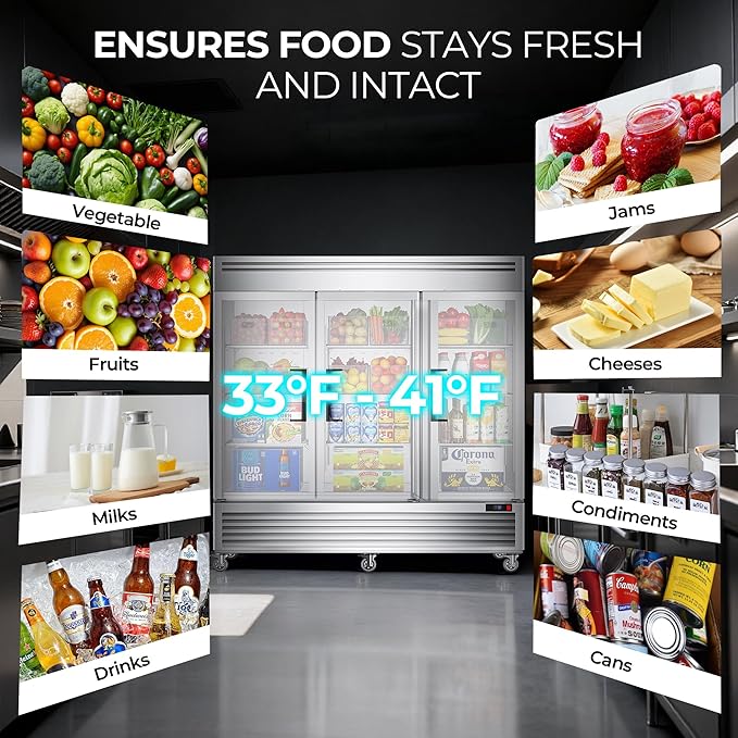 Coolake 82" Width Commercial Refrigerator 3 Solid Doors, 72 Cu.ft Stainless Steel Reach-in Upright Fridge with LED Lighting, Fan Cooling Refrigerator for Restaurant Cafe Hotel Kitchen Prep Area