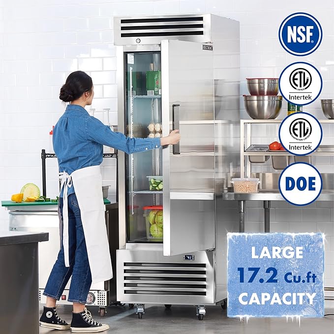 HECMAC 27" Commercial Refrigerator, 23 Cu.ft Reach-In Upright Fridge with Solid Door, 33~40℉, 18-8 Stainless Steel Interior, 3 Shelves, ETL&NSF/ANSI 7 for Restaurant, Bar, Shop, Kitchen Use