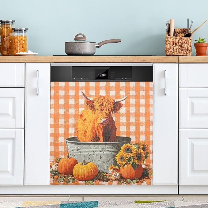 Fall Cow Orange Plaid Dishwasher Magnet Cover for Front Panel Magnetic Dishwasher Cover Decorative Refrigerator Magnet Covers Dishwashers Magnetic Sticker for Home Kitchen Decor, 23" x 26"