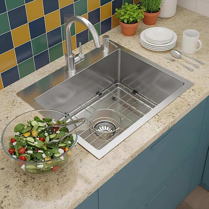 Drop In Kitchen Sink 25x22", 9" Basin Depth, 18 Gauge Stainless Steel Sink, 3D Embossed Surface Finish Top Mount with Accessories