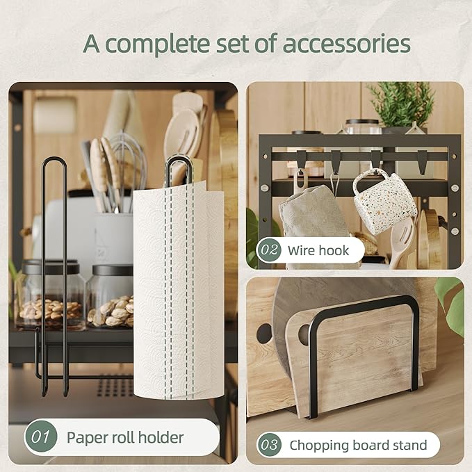 NETEL Expandable Microwave Stand,3 Tier Metal Kitchen Countertop Organizer Shelves with Paper Towel and Chopping Board Holder,Bakers Rack,Microwave Shelf,Microwave Oven Rack,110lbs Weight Capacity