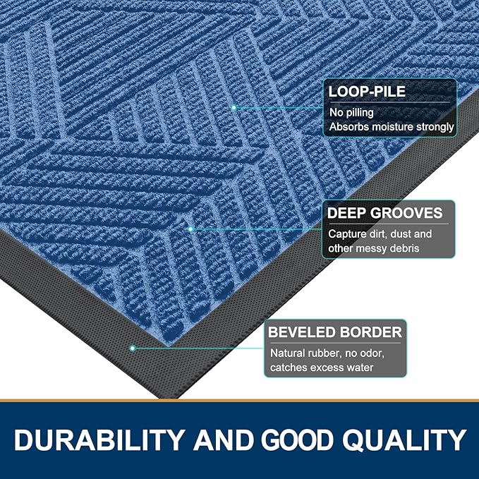 Smiry Half Circle Front Door Mat Outside Entrance, Heavy Duty Sturdy Natural Rubber Doormat, Trap Dirt and Moisture, Low Profile Mats for Indoor Outdoor Entry, Irregular Triangle (47x32, Blue)