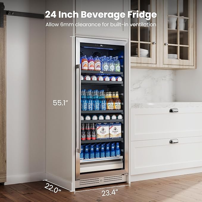 Yeego Beverage Refrigerator & Drink Fridge - 24 inch 238 Cans Beer Cooler with Glass Door, 34-54℉ Built-in or Freestanding Refrigerator with Door Lock, For Drink Soda Wine and Kitchen, Bar or Office