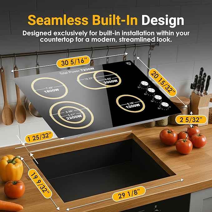 K&H 4 Burner Electric Cooktop - 30 Inch Built-In Radiant Ceramic Stove Top with 11 Power Levels & Knob Control, Compatible with All Cookware, 240V, 7200W High-Power Built-in Electric Stove, CE30-7206K