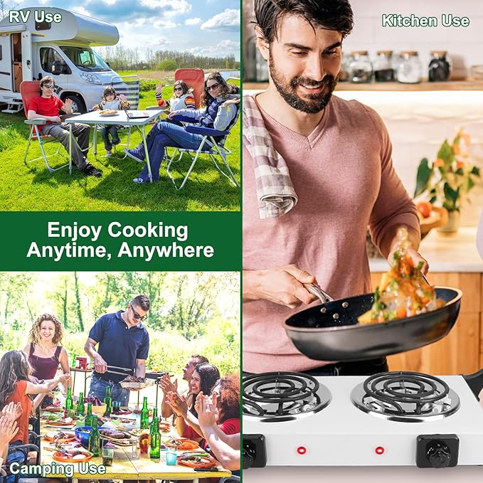 2000W Double Burner Electric, Portable Hot Plate for Cooking, Cooking Stove with 5 Temperature Adjustments, Countertop Burner Cooktop for Kitchen, Dorm (2Burner_White, 21x10x4")
