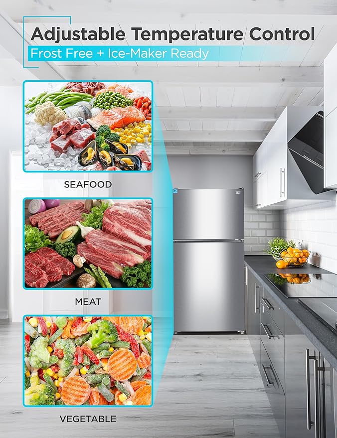BLACK+DECKER 24 Cu. Ft. Top Mount Refrigerator with Ice Maker, 2-Door Refrigerator with Top Freezer, Freezer with Icemaker and Adjustable Temperature Control, ENERGY STAR, BR2400JIMS, Stainless Look