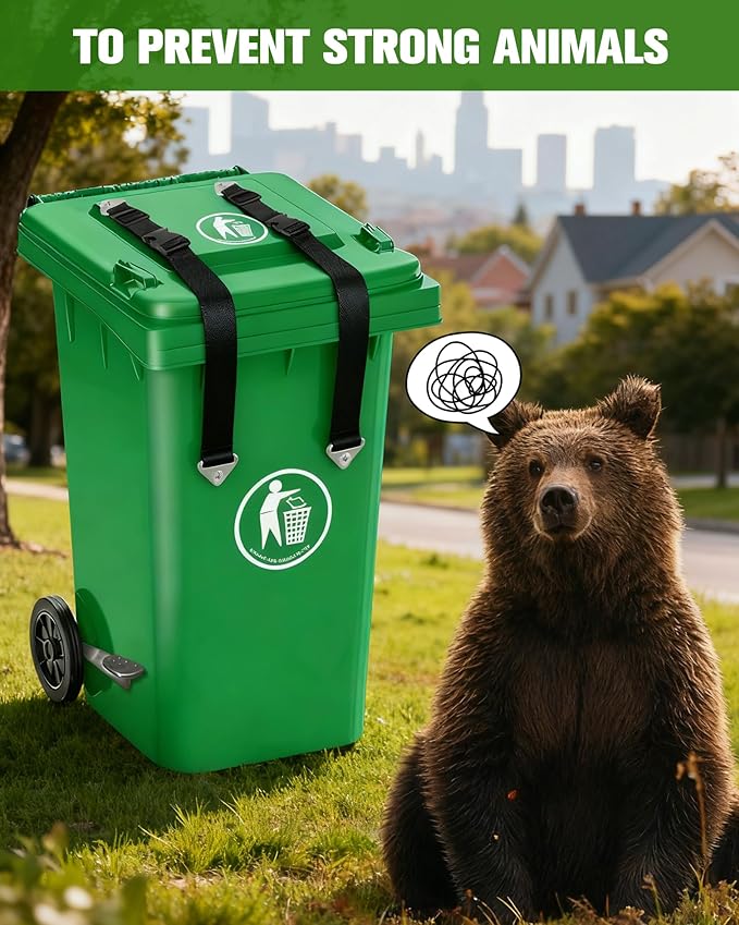 Bear Proof Trash Can Lock, Adjustable Garbage Can Straps with Lid Lock, Animal Proof Trash Can Locks for Bears, Raccoons, Critters, Outdoor Trash Can Enclosure, Black
