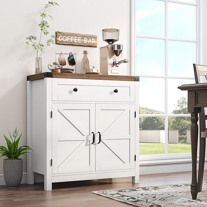 HOSTACK Coffee Bar Cabinet, Kitchen Storage Cabinet, Modern Farmhouse Buffet Sideboard with Drawer and Adjustable Shelf, Barn Door Accent Cabinets for Kitchen, Dining Room, Entryway, White