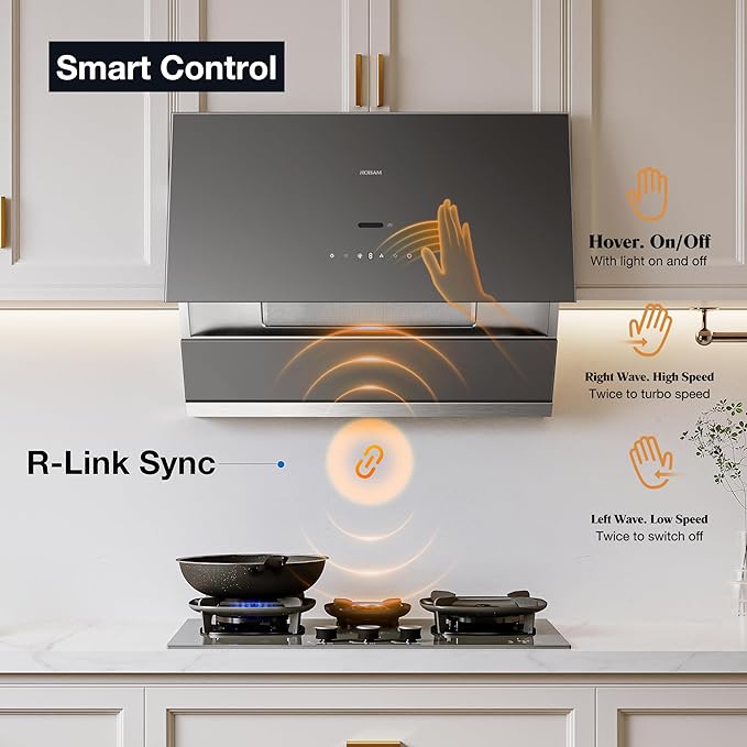 ROBAM Under Cabinet or Wall Mount Kitchen Range Hood 30" R-Max3 Grey, 1200CFM Auto-Adjust Speed Control with LED Lights Vent Hood, Fingerprint Resistance and R-Link Tech
