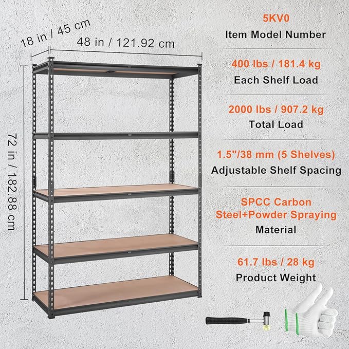 VEVOR Storage Shelving Unit, 5-Tier Adjustable, 2000 lbs Capacity, Heavy Duty Garage Shelves Metal Organizer Utility Rack, Black, 48" L x 18" W x 72" H for Kitchen Pantry Basement Bathroom Laundry | Adjustable, 2000 lbs Capacity, Heavy Duty, Garage She...