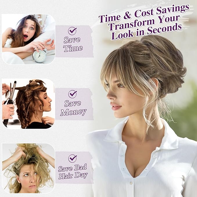 BARSDAR Claw Clip Short Human Hair Ponytail Extension with Bendable Metals - DIY 8 Inch Real Human Hair Brown Mix Blonde Messy Bun Hairpieces for Women - Thick Natural Short Ponytail Daily
