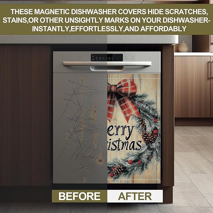 Merry Christmas Dishwasher Magnet Cover,Rustic Wooden Kitchen Decor Waterproof Refrigerator Magnet Appliance Cover Protector,23Wx26H Inches