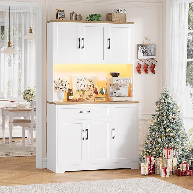 HIFIT 71" LED Pantry Cabinet with Power Outlet, Tall Kitchen Hutch Storage Cabinet with Microwave Stand & 6 Door Shelves, Modern Food Pantry Cabinets with Drawer for Kitchen Dining Living Room, White
