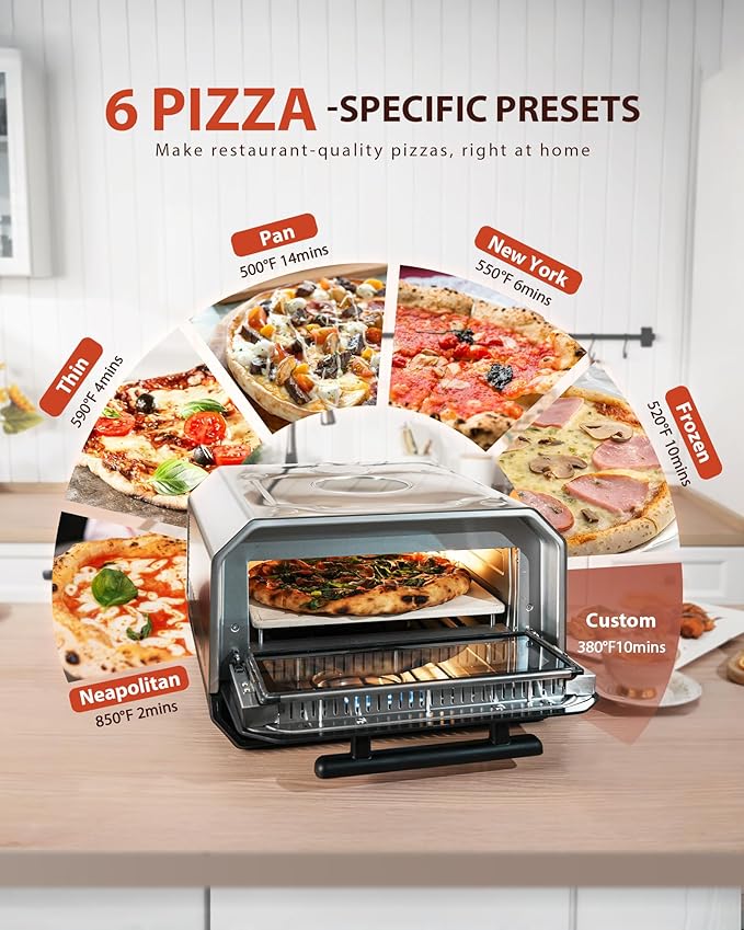 Indoor Pizza Oven, Makes 12 Inch Pizzas in 90 Seconds, Heats up to 850°F Countertop Pizza Oven, 6 Touchscreen Presets Electric Pizza Oven for Kitchen, Baking Tray & Pizza Stone Peel Included-Silver