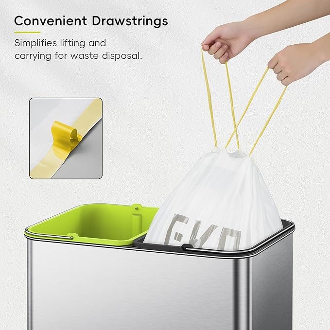 EKO 9.3 Gallon / 30–35 Liter Drawstring Trash Bags, 110 Count Heavy-Duty Tall Kitchen Garbage Can Liners, Extra-Strong Leak-Resistant, Unscented, White, Code K