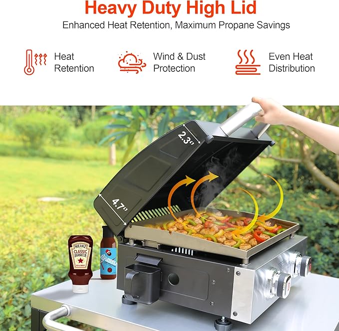Brand-Man Propane Tabletop Griddle, 2-Burner Portable Flat Top Grill with Hood, Warming Rack & Adapter Hose - Supports 1 lb & 20 lb Gas Cylinders for Versatile BBQ Cooking, Camping, Home BBQ