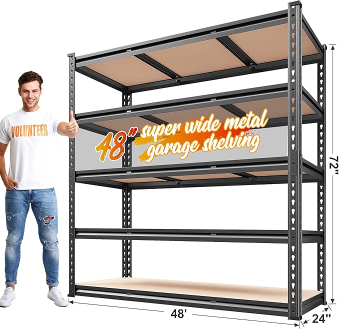 REIBII 48" W Garage Shelving 3020LBS Storage Shelves 5 Tier Industrial Shelving Adjustable Metal Storage Shelves for Garage, Basement, Warehouse, Commercial, Easy Assemble, 48" W x 72" H x 24" D