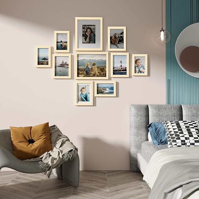 Vittanly Picture Frames Set of 10, Picture Frames Collage Wall Decor with Two 8x10, Four 5x7, and Four 4x6 Photo Frames, Gallery Wall Frame Set for Wall or Tabletop Display, Natural