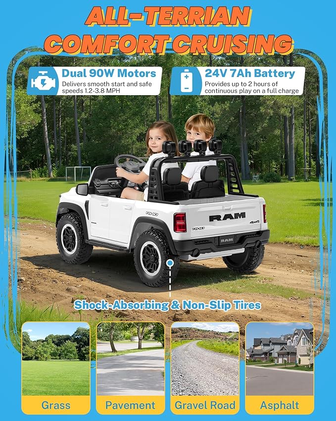 ENYOPRO 24V 2 Seater Ride on Car for Kids, Licensed RAM 1500 RHO Ride on Truck w/Remote Control, Toddlers Electric Car w/LED Lights, Bluetooth, Soft Start, 4-Wheel Suspension, Rear Cargo Bed (White)