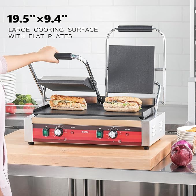 EGGKITPO Commercial Dual Panini Press with 2 Flat Plates Electric Panini Grill with Temperature Control and Handle 19.5" ×9.4" Large Cast Iron Sandwich Maker for Kitchen Business 110V 3400W
