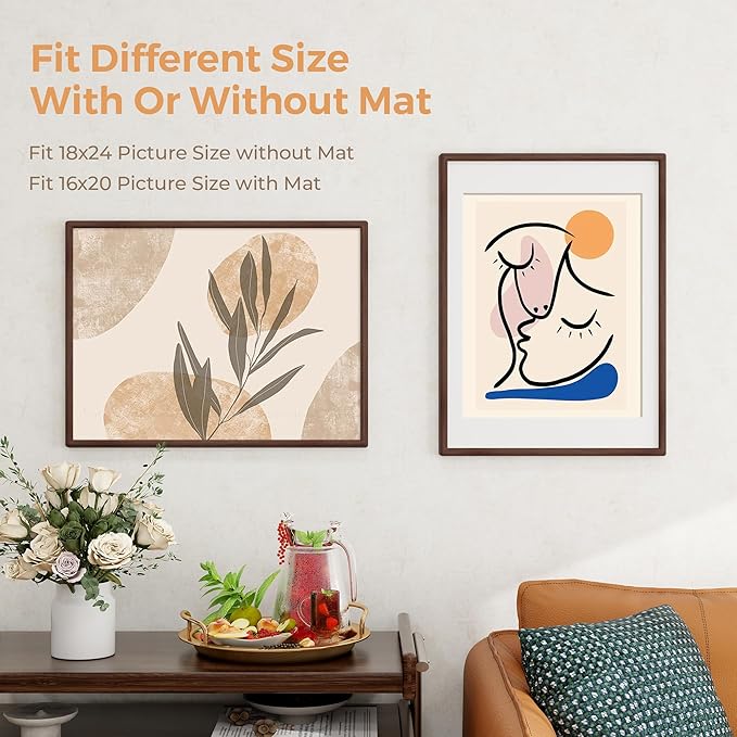 Axeman 18 x 24 Walnut Frame Set of 2 - Rounded Corner 18x24 Picture Frame Matted to 16x20 - Natural Walnut Wood Poster Frame with Tempered Glass for Wall Mount Display