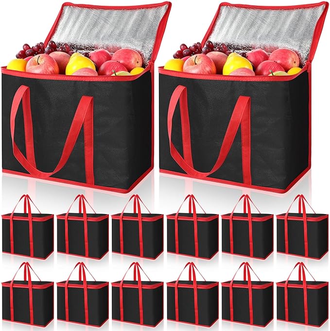 Kenning 15 Pcs Large Insulated Reusable Grocery Bags with Sturdy Zipper and Handles Foldable Washable Cooler Totes Heavy Duty Hot or Cold Food Delivery Bag for Food Transport Travel Lunch (Black Red)