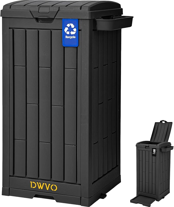 DWVO 38 Gallon Outdoor Trash Can, Resin Garbage Bin with Lid, Includes 2 Sorting Labels, Ash Holder, Stakes & Suction Cups, Hideaway Storage for Patio Backyard Garden, Black