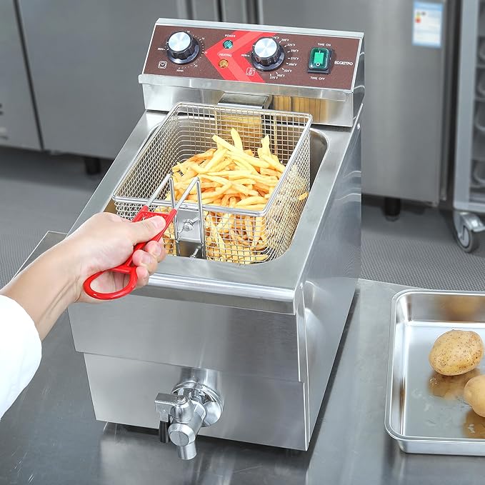 EGGKITPO Deep Fryer 12L Large Electric Fryer with Oil Drain and Timer Deep Fryer with Basket and Lid Stainless Steel Countertop fryer Commercial Fryer for Restaurant and Home Kitchen 120V 1750W