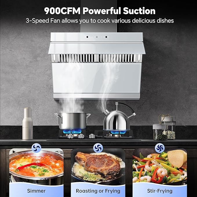 Under Cabinet Range Hood 30 Inch, 900 CFM Wall Mount Vent Hood with Auto-cleaning Function,Gesture & Touch Control, Silver Grey Tempered Glass Surface Kitchen Hood 3 Speed Exhaust Fan