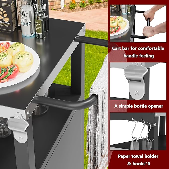 Vongrasig Grill Cart with Storage, Outdoor Bar Cart Rolling BBQ Movable Pizza Oven Table Stand with Foldable Stainless Steel Top & Storage Cabinet, Black