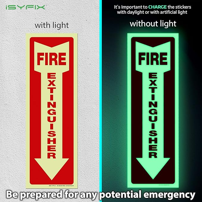 iSYFIX Fire Extinguisher Glow in the Dark Sticker Sign – 5 Pack 4x12 Inch – Premium Self-Adhesive Vinyl, Laminated for Ultimate UV, Weather, Scratch, Water and Fade Resistance, Indoor and Outdoor